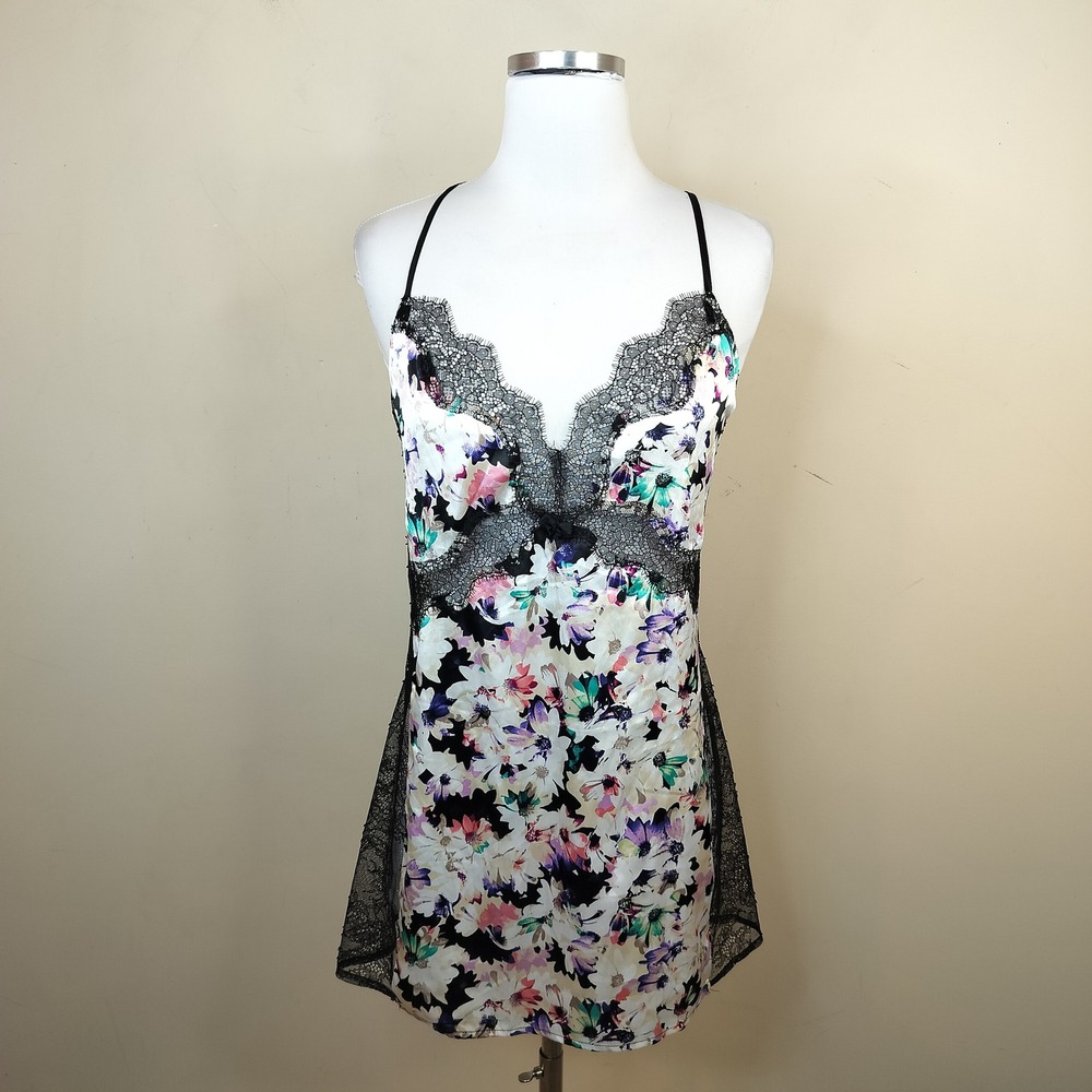 Victoria's Secret Floral Satin Chemise Slip Large Sheer Lace Trim Open Back